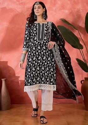 Black Embroidered Blended Kurta Set