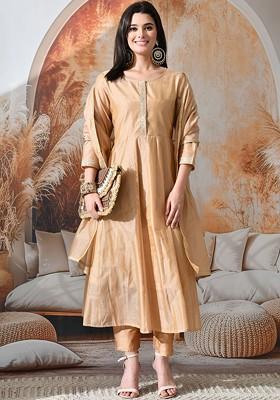 Brown Solid Blended Kurta Set
