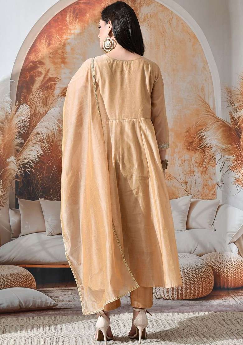 Brown Solid Blended Kurta Set - Indya