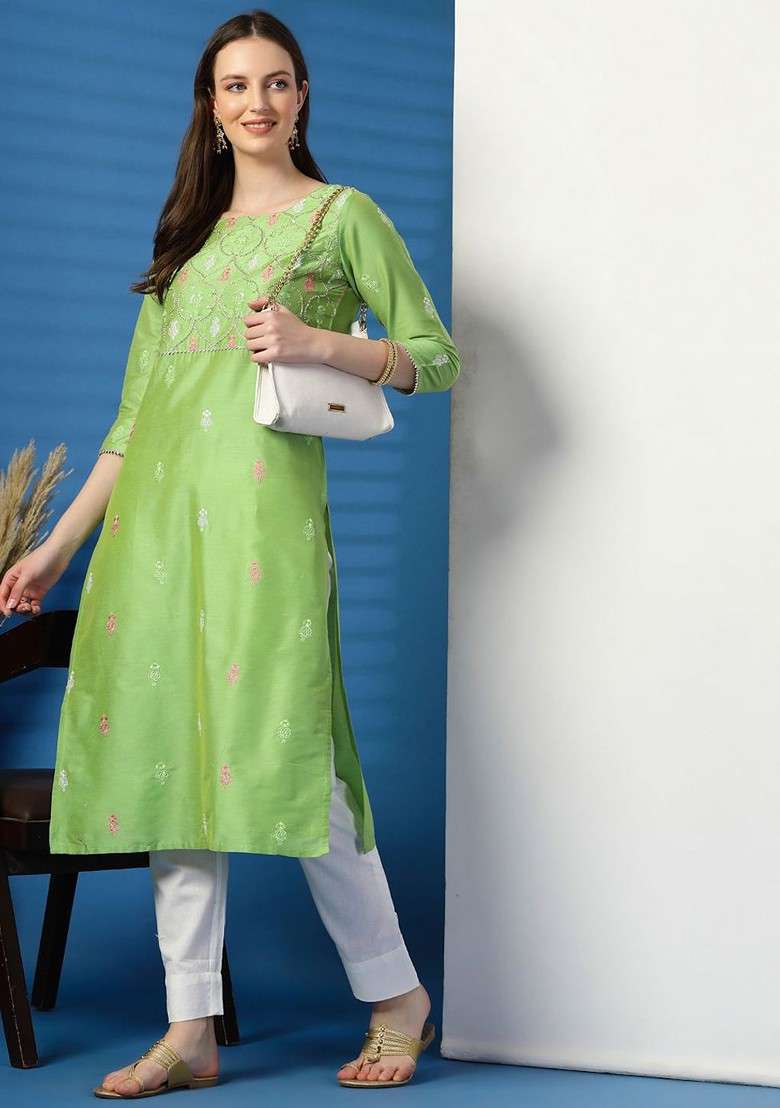 Green Embroidered Blended Kurta Set - Indya
