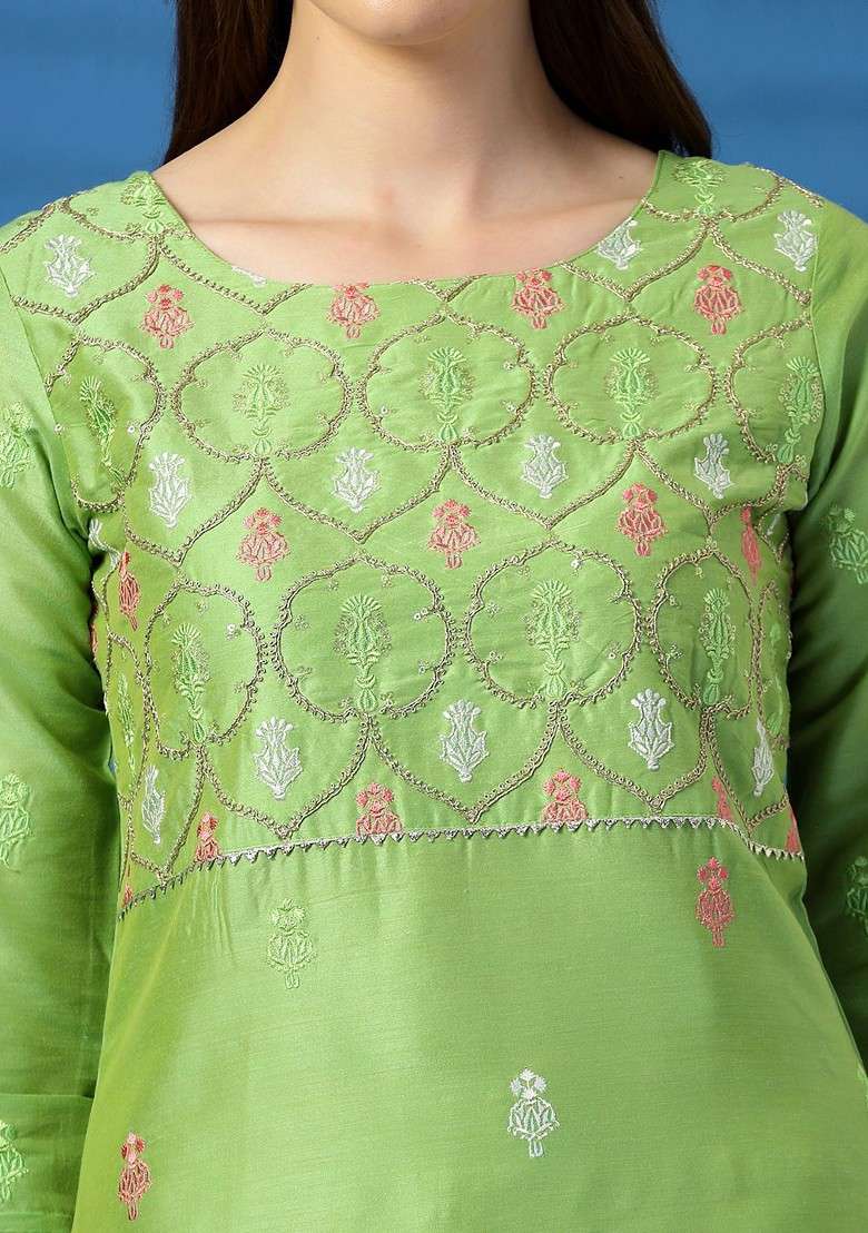 Green Embroidered Blended Kurta Set - Indya