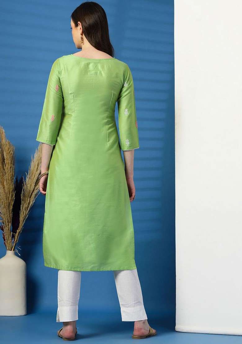 Green Embroidered Blended Kurta Set - Indya