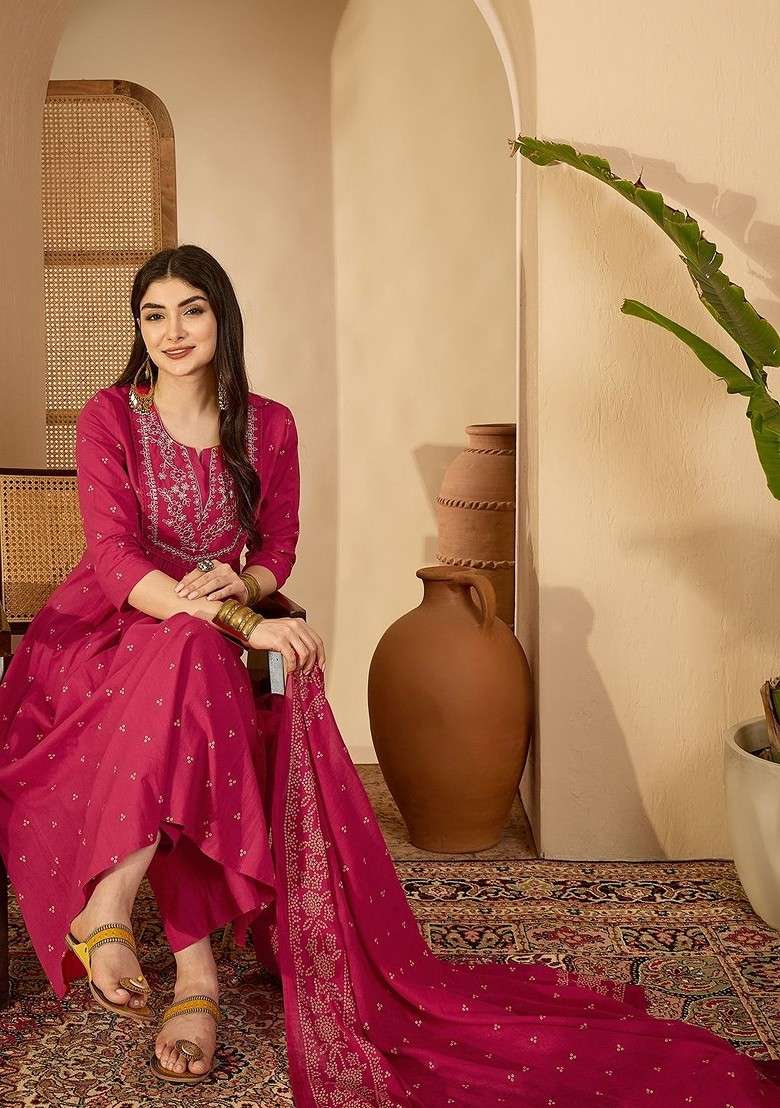 Pink Printed Blended Kurta Set - Indya