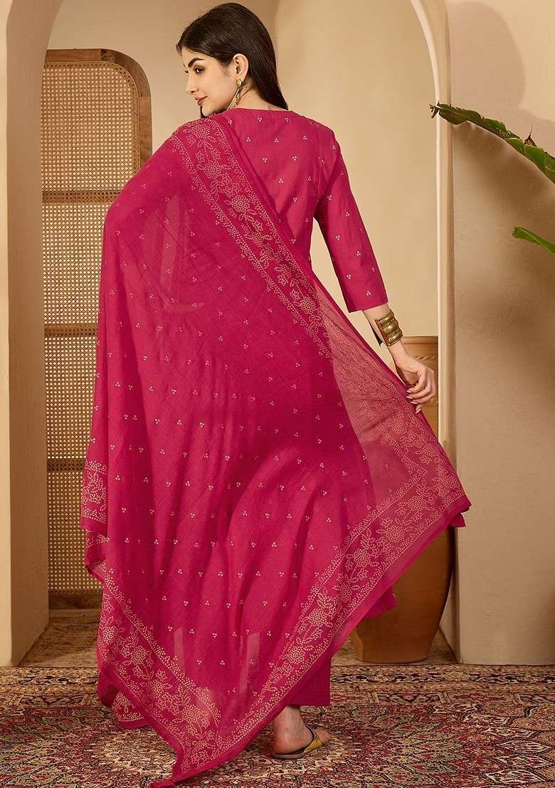 Pink Printed Blended Kurta Set - Indya