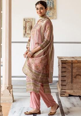 Peach Embroidered Blended Kurta Set