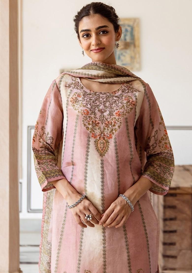 Peach Embroidered Blended Kurta Set - Indya