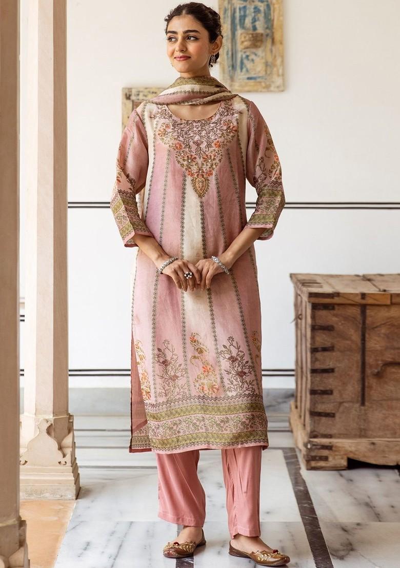 Peach Embroidered Blended Kurta Set - Indya