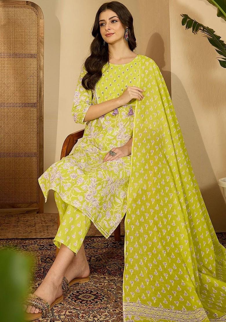 Lime Green Printed Blended Kurta Set - Indya