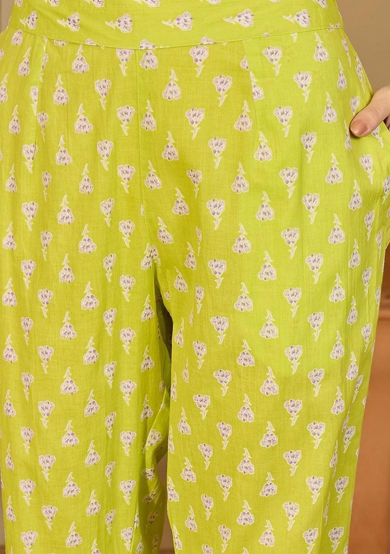 Lime Green Printed Blended Kurta Set - Indya