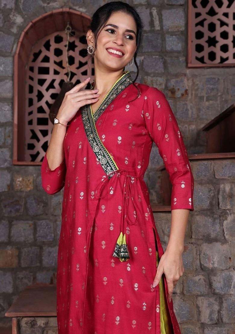 Red Embroidered Blended Kurta Set - Indya