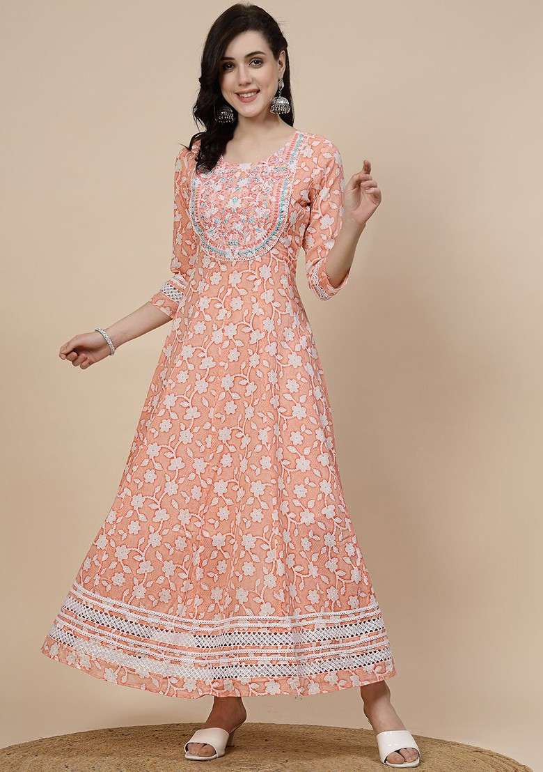 Orange Printed Blended Kurta Set - Indya