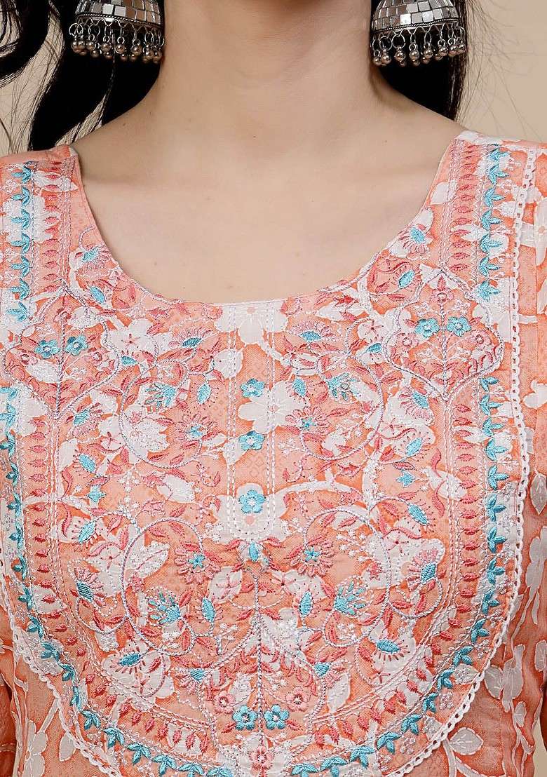 Orange Printed Blended Kurta Set - Indya