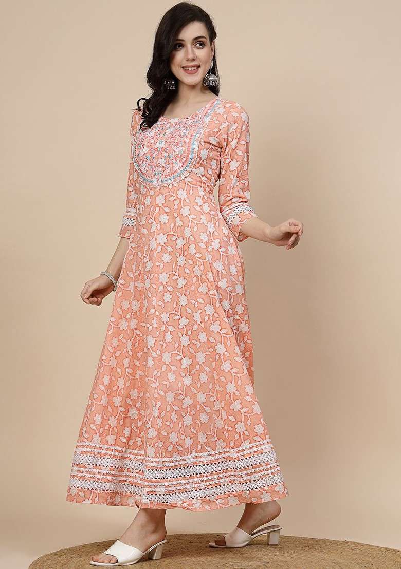 Orange Printed Blended Kurta Set - Indya
