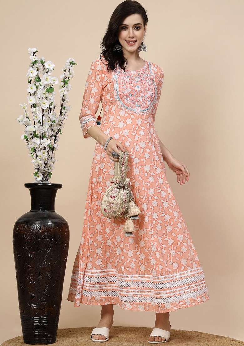 Orange Printed Blended Kurta Set - Indya