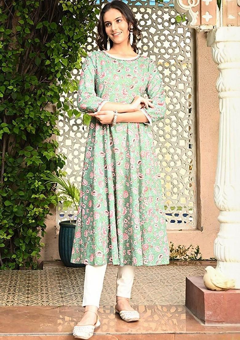 Green Printed Blended Kurta Set - Indya