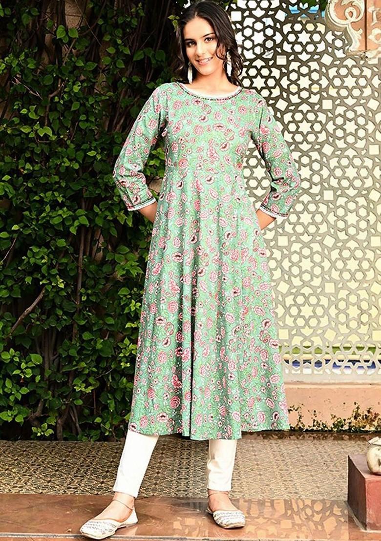Green Printed Blended Kurta Set - Indya