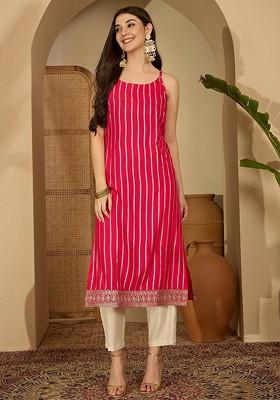 Pink Embroidered Blended Kurta Set