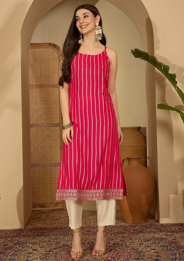 Pink Embroidered Blended Kurta Set - Indya