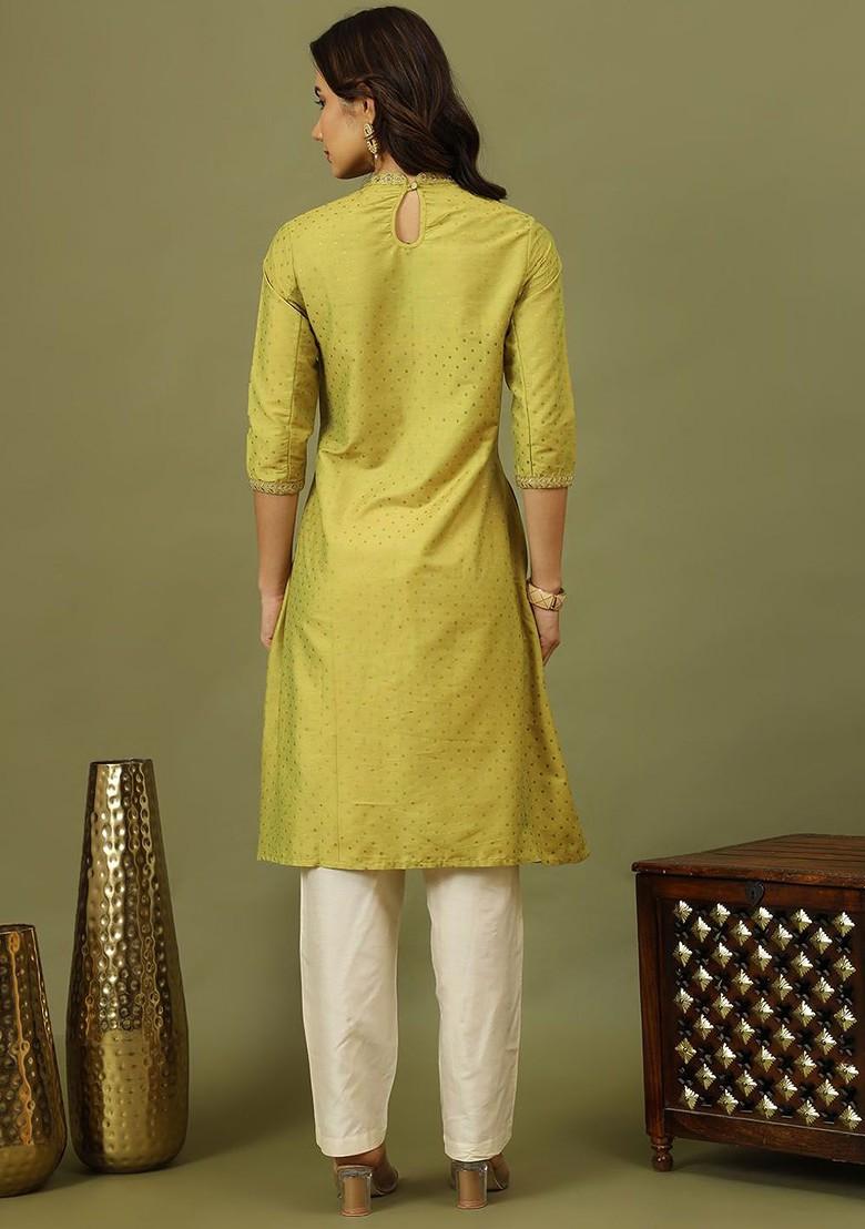 Green Printed Blended Kurta Set - Indya