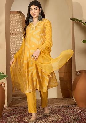 Mustard Printed Blended Kurta Set