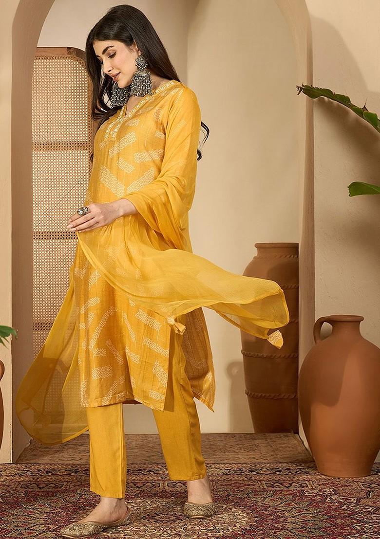Mustard Printed Blended Kurta Set - Indya