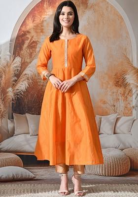 Orange Solid Blended Kurta Set