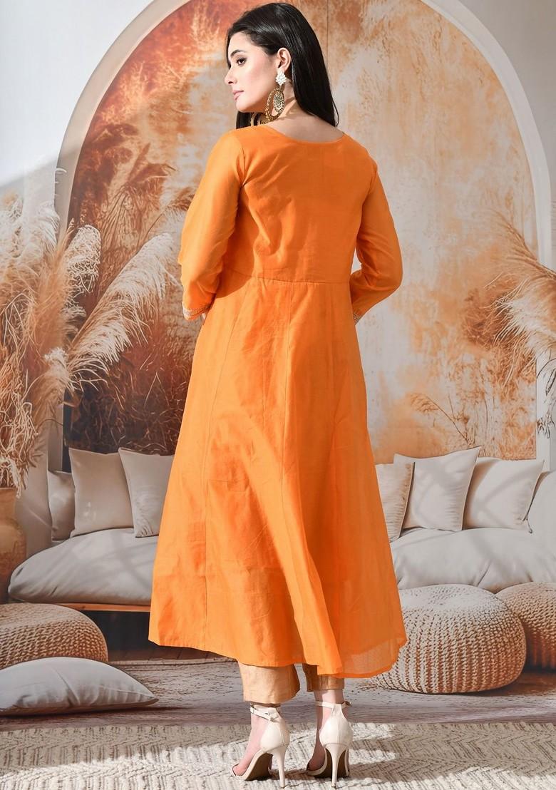 Orange Solid Blended Kurta Set - Indya