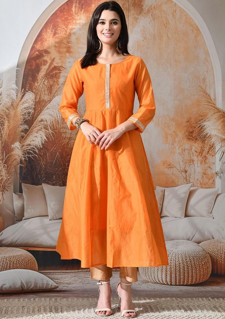 Orange Solid Blended Kurta Set - Indya