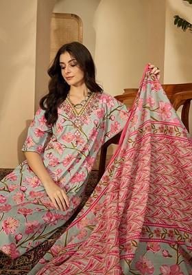 Blue Printed Blended Kurta Set
