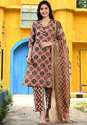 Beige Printed Blended Kurta Set