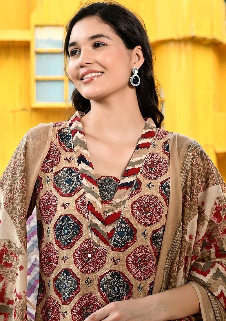 Beige Printed Blended Kurta Set - Indya
