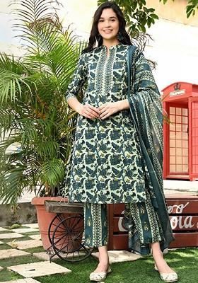 Teal Printed Blended Kurta Set
