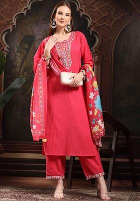 Red Embroidered Blended Kurta Set