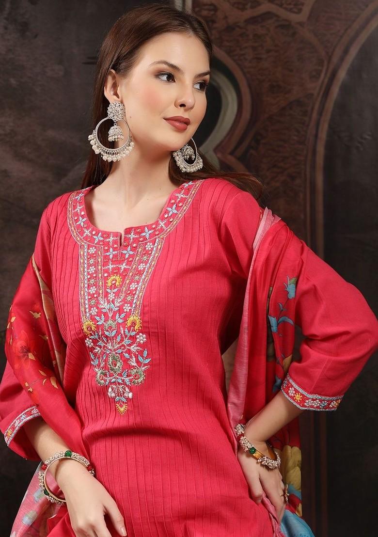 Red Embroidered Blended Kurta Set - Indya