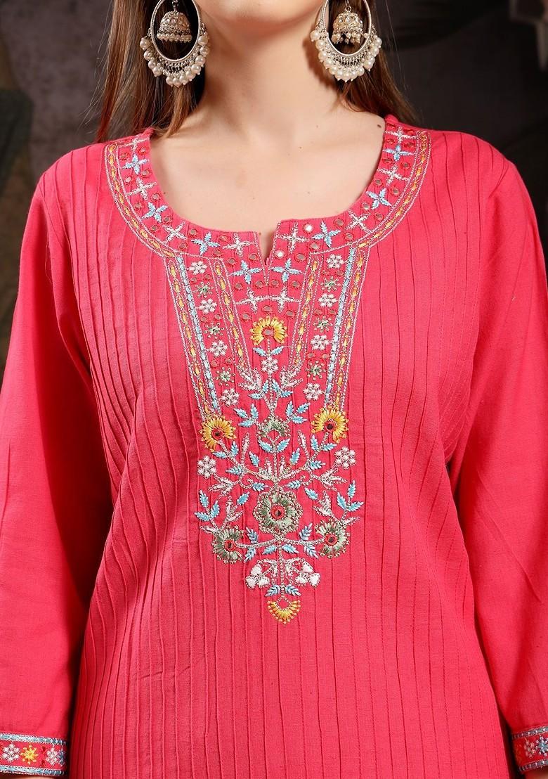 Red Embroidered Blended Kurta Set - Indya