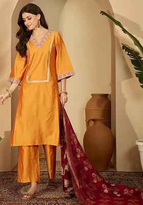 Yellow Embroidered Blended Kurta Set
