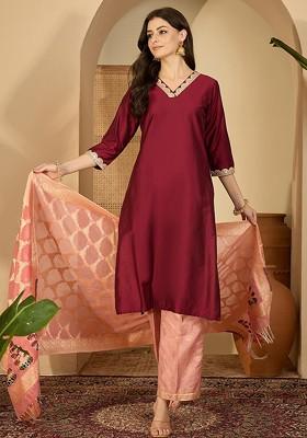 Maroon Solid Blended Kurta Set