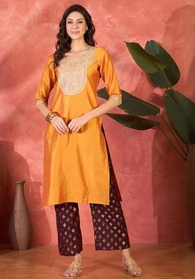 Yellow Embroidered Blended Kurta Set