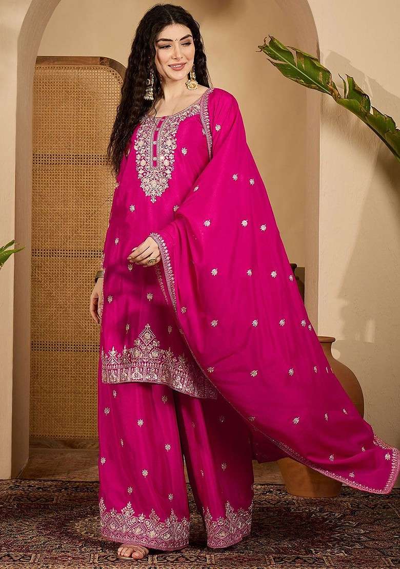 Pink Printed Blended Kurta Set - Indya