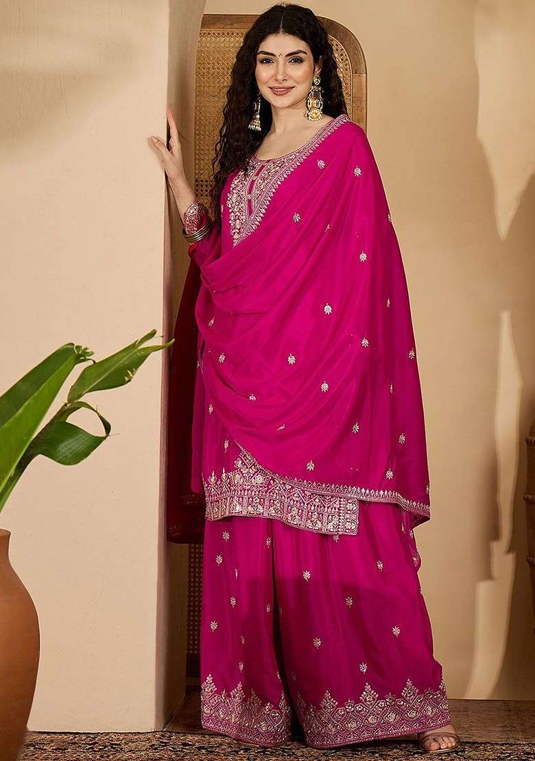Pink Printed Blended Kurta Set - Indya