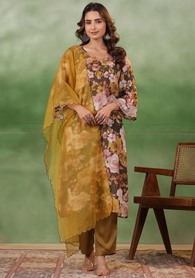 Olive Printed Blended Kurta Set