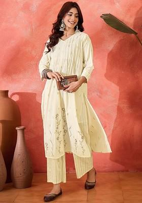 Beige Embroidered Blended Kurta Set