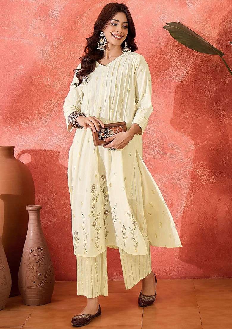 Beige Embroidered Blended Kurta Set - Indya