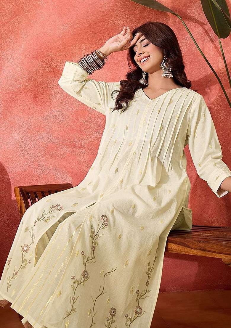 Beige Embroidered Blended Kurta Set - Indya