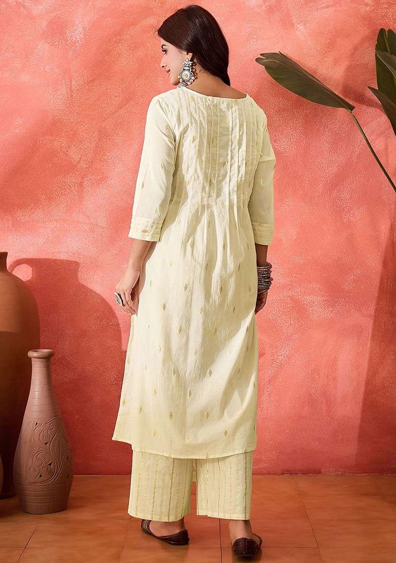 Beige Embroidered Blended Kurta Set - Indya