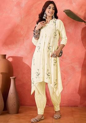 Beige Embroidered Blended Kurta Set