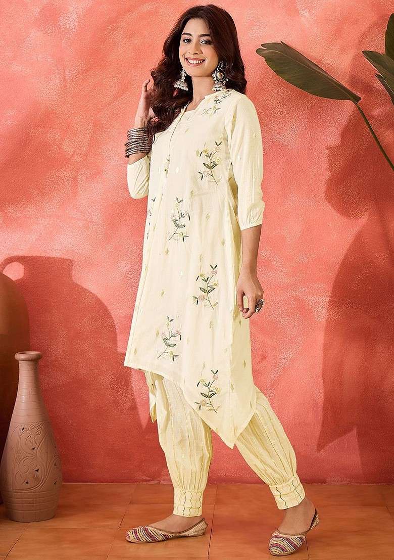 Beige Embroidered Blended Kurta Set - Indya