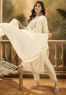Beige Embroidered Blended Kurta Set