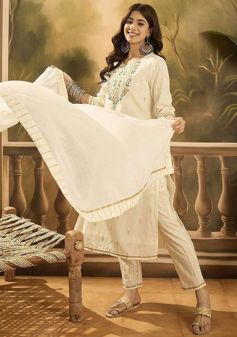 Beige Embroidered Blended Kurta Set - Indya