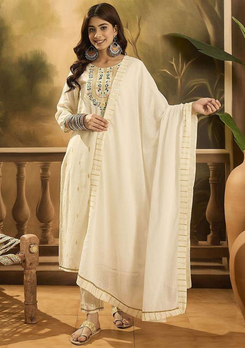 Beige Embroidered Blended Kurta Set - Indya